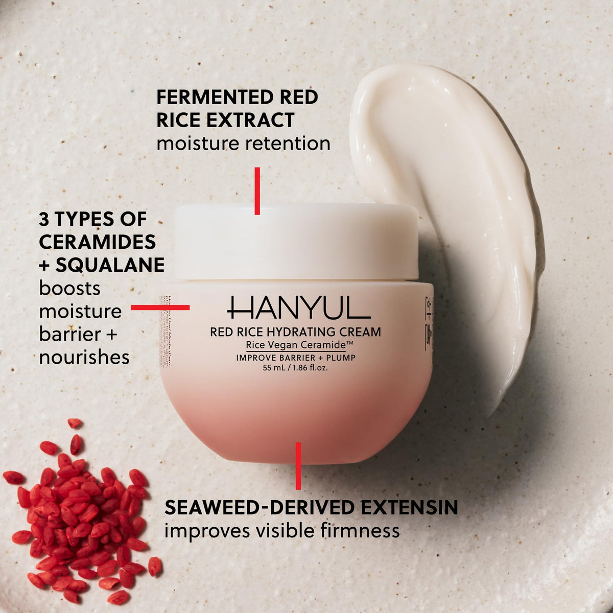 Hanyul Red Rice Hydrating Cream with Fermented Rice Extract & Ceramides | Korean Moisturizer for Plumping Hydration, Radiant Skin Glow, Firming & Barrier Support | For All Skin Types | Vegan